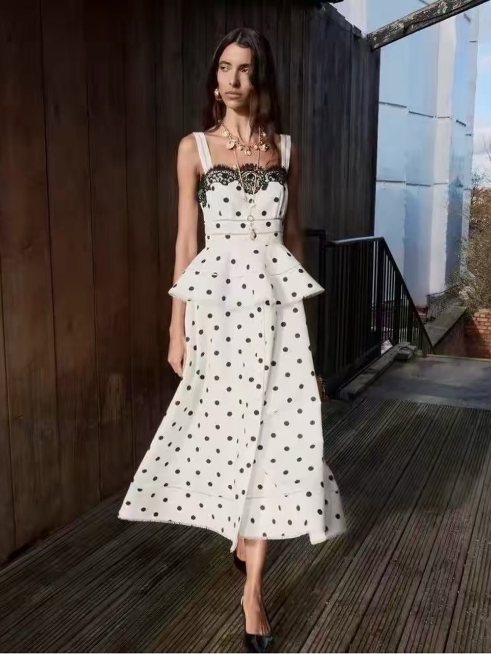 Self-Portrait Black & White Polka Dot Lace Peplum Midi Dress NWOT